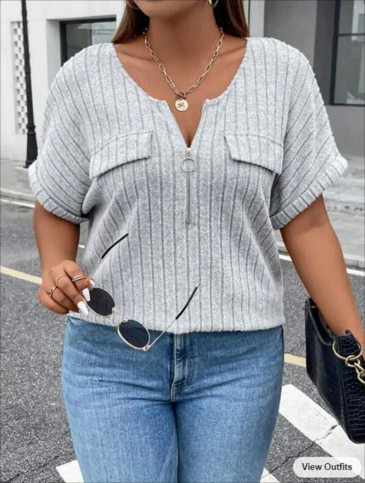 Womens Plus Size Solid Ribbed Zipper Short Sleeve Round Neck Slight Stretch Top 250520