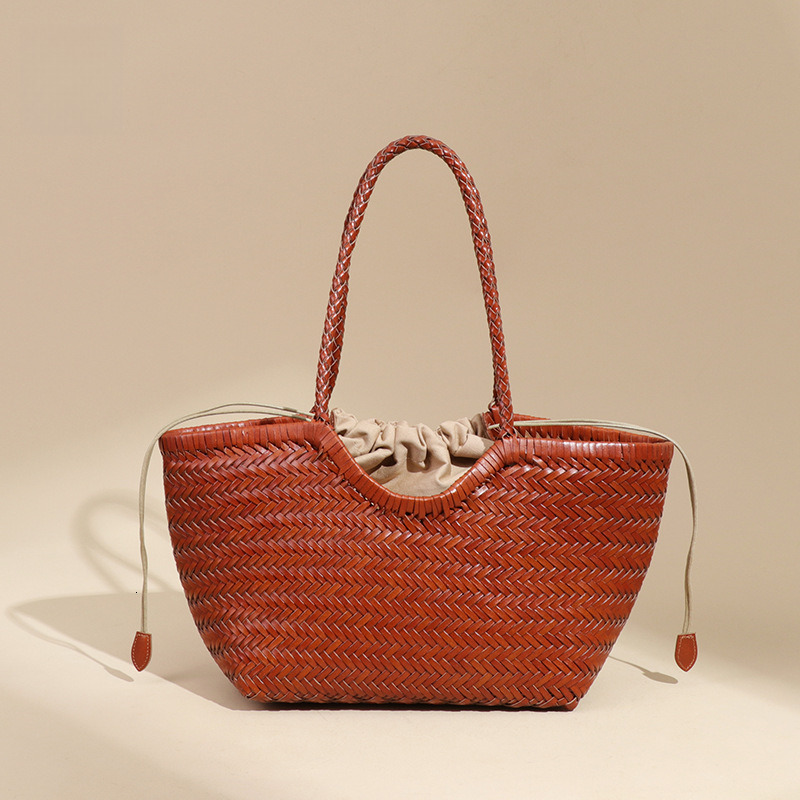 Fashion Irregular Genuine Leather Woven Basket Shoulder Underarm Women's Large Capacity Commuter Handbag Mother and Child Tote Bag