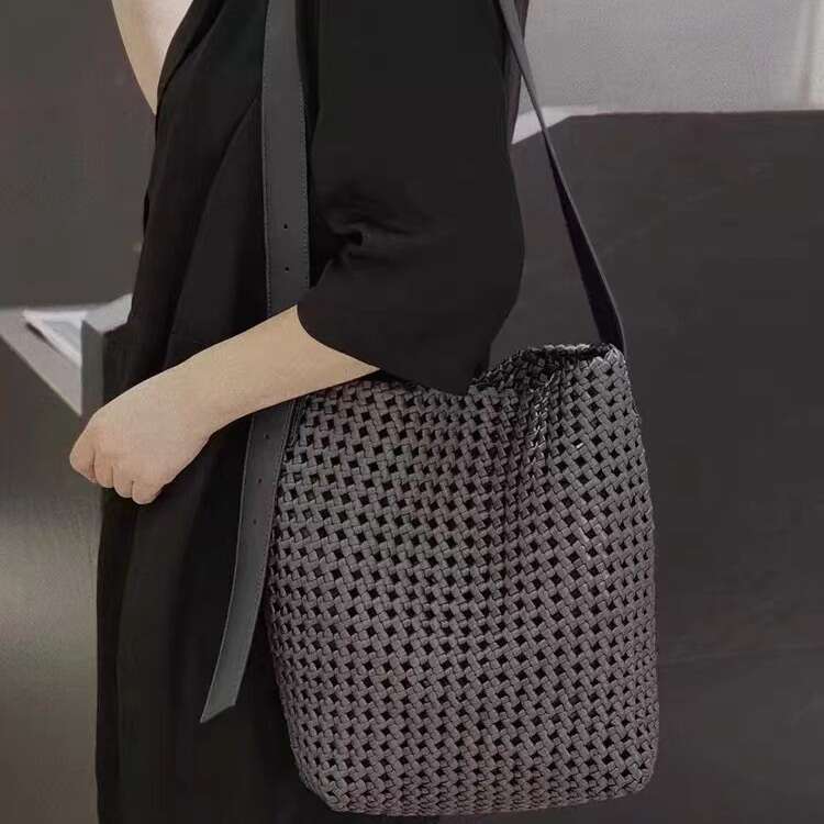 Tote Bag Niche Design Nylon Woven Bucket Large Capacity Hollow Out Wide Strap Single Shoulder Letter Tote Bag Shoulder Bag Braided Handbag