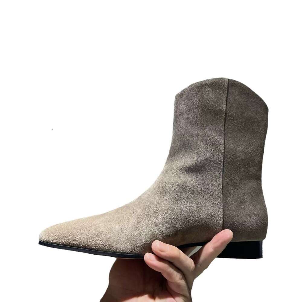 Korean Style Genuine Leather Suede Pointed Toe Chunky Heel Flat Skinny Short Western Cowboy Women's Martin Boots