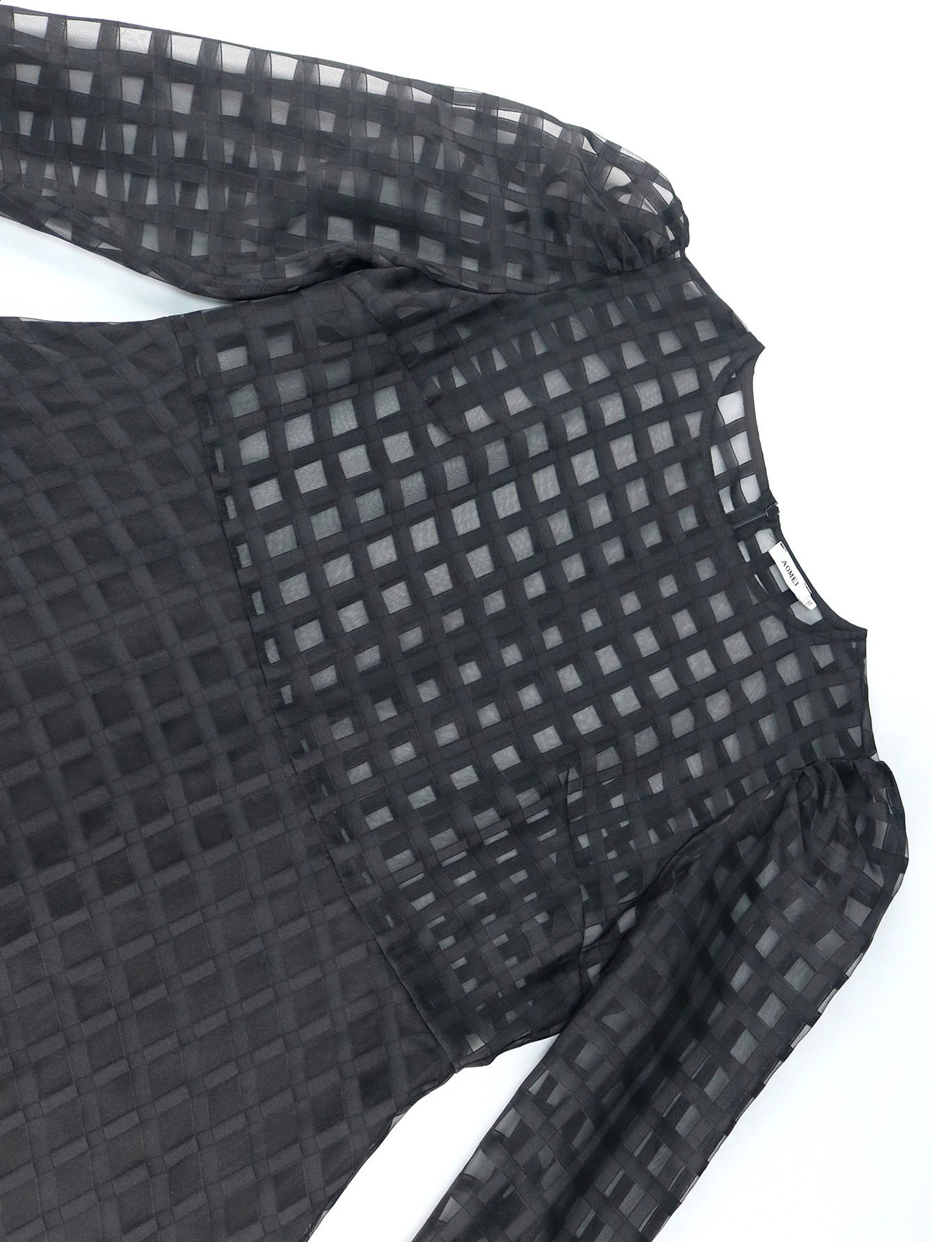 Plus Size Sexy Dress with Contrasting Mesh Round Neck and Bubble Sleeves Layered Black Casual Street Clothing Long Robe 250517