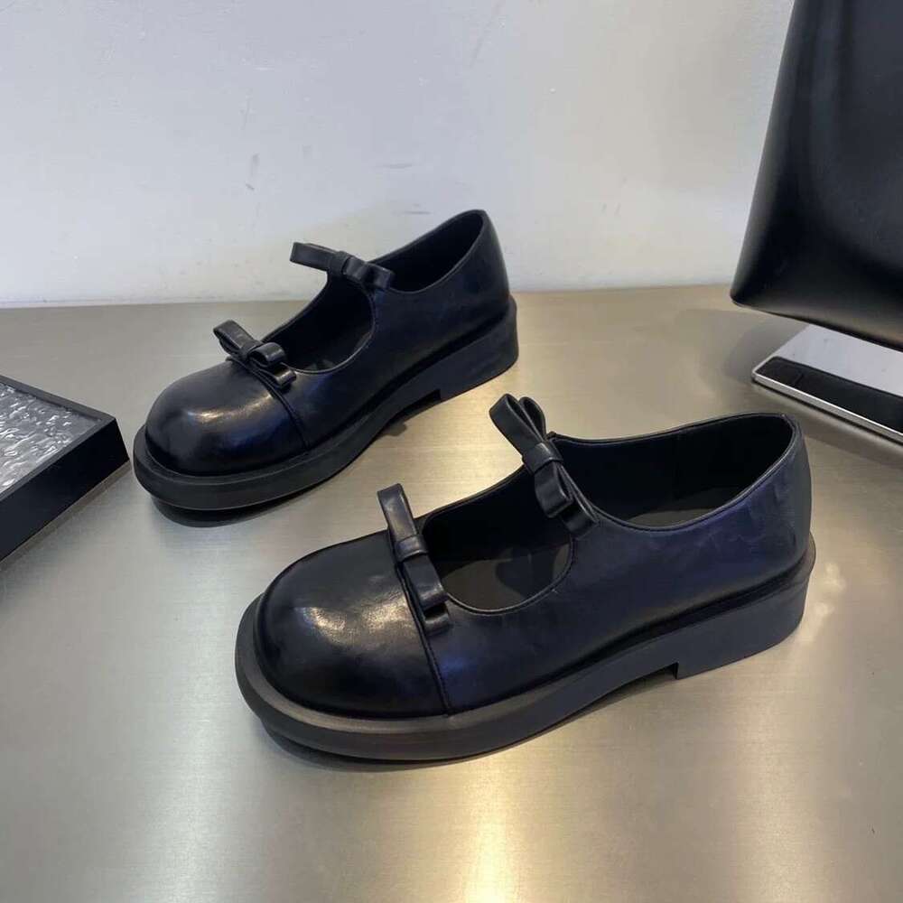 Genuine Leather Double Bowknot Shallow Mouth Thick Sole Round Toe Women's Shoes 2025 Spring Summer Chunky Heel Mary Jane Loafers