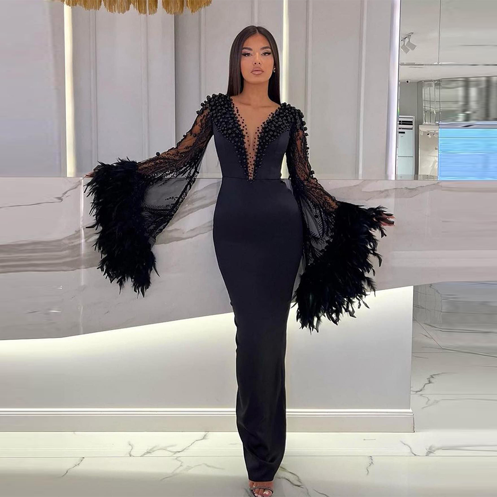 Mermaid Poet Ankle-Length Evening Dresses Feather Beaded Party Gowns Deep V-Neck Sexy Prom Dresses