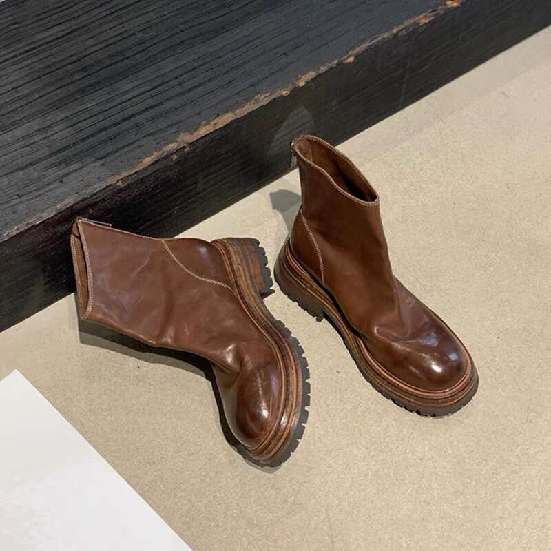 Genuine Leather British Style Martin for Women, Autumn and Winter Thick Sole Chunky Heel Round Toe Washed Ankle Chelsea Motorcycle Boots