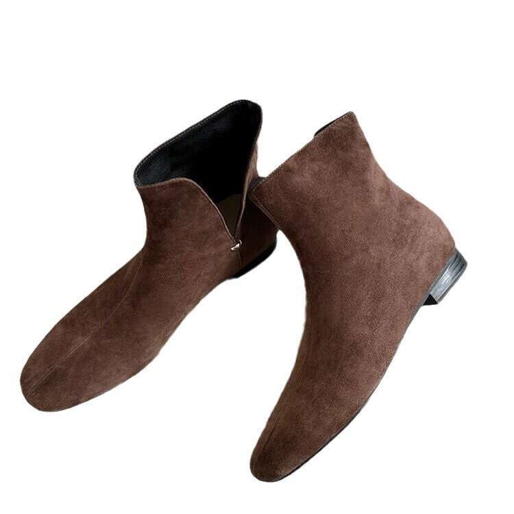 Korean Style Simple Niche Side Opening V-Cut Chelsea Square Toe Flat Slim Short Martin Women's Boots