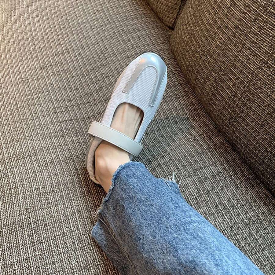 Genuine Leather Korean Style Niche Silver Mary Jane Ballet Flat Velcro Casual Sneakers White Shoes for Women