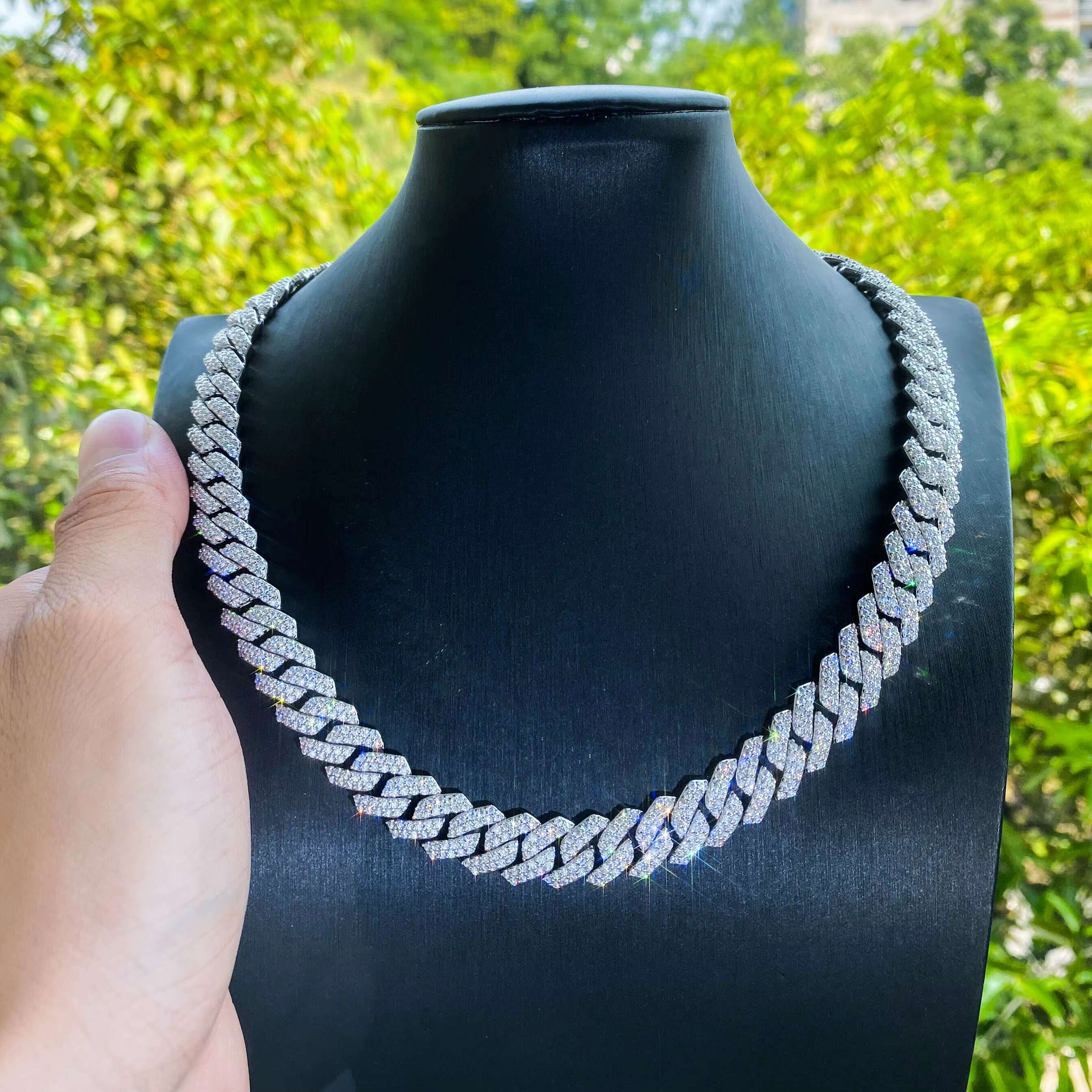 Hiphop wide12MM 925 Sterling Silver Iced Out Moissanite Diamond Cuban Necklace Bussdown D VVS Moissanite Chain Link Chain