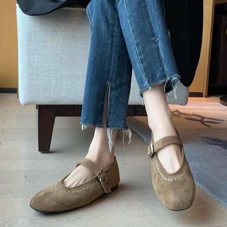 French Style Genuine Leather Suede Mary Jane with One-Strap Buckle, 2024 New Versatile Flat Round Toe Studded Single Shoes for Women