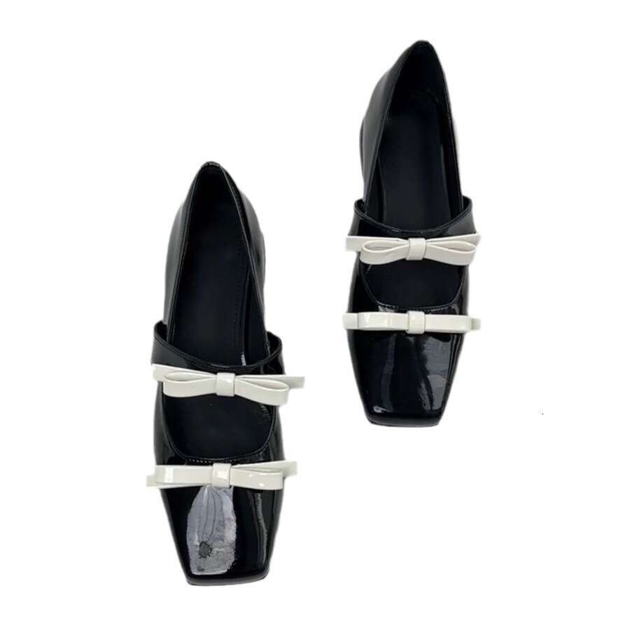 Korean Style Genuine Square Toe Shallow Mouth Double Bow Mary Jane for Women 2025 Spring Chunky Heel Loafers Small Leather Shoes