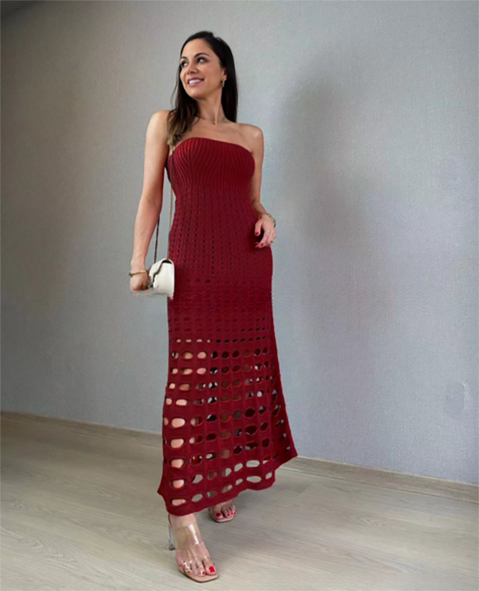 Summer Sexy Hollow Out Bandeau Dress Knitted Bikini Cover-ups Women See Through Maxi Solid Swimsuit Beach Cover Up