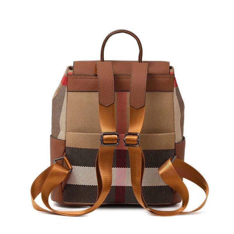 Genuine Leather Canvas Plaid Shoulder College Style Large Capacity Student Travel Lightweight Women's School Bag Backpack