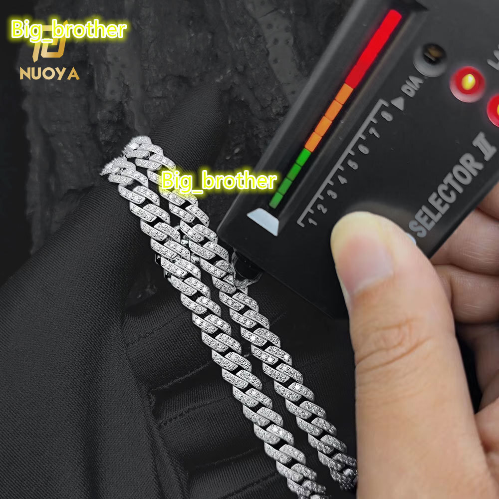Nuoya 925 Silver Jewelry 8mm Prong Cuban Link Chain Iced Out Pass Diamond Tester VVS Moissanite 925 Sterling Silver Necklace