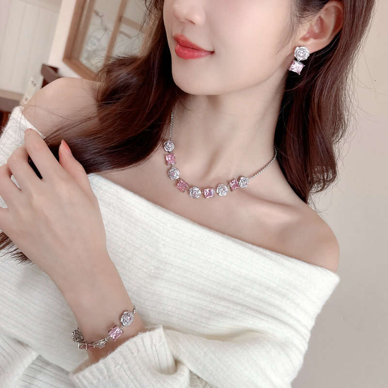 High-end Zircon Camellia Necklace Light Accessories Clavicle Chain Bracelet Earrings Dress Matching Elegant Jewelry Set