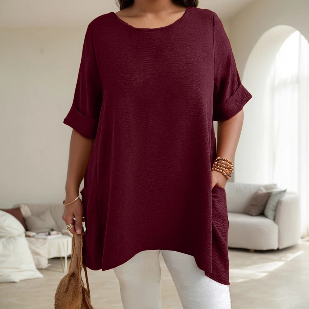 Plus Size Womens Solid ONeck Dropped Shoulder Sleeve Pockets Tunic Tops Summer Ladies Casual Pullover T Shirts Tee 1XL5XL 250519