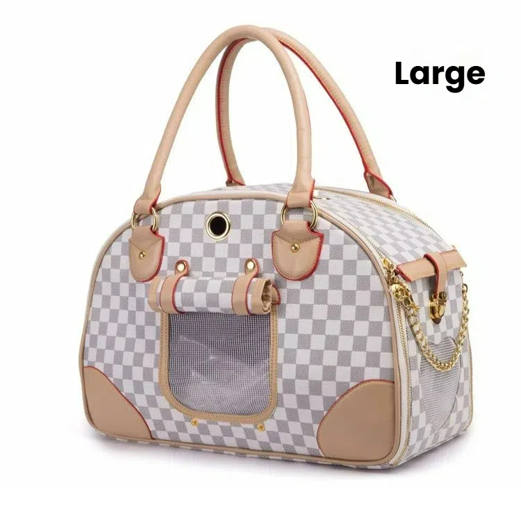 Luxury Designer Pet Carrier Bag for Small Medium Dogs Cats - Airline Approved Travel Tote Purse with Mesh Ventilation (White/Brown, Small/Large)