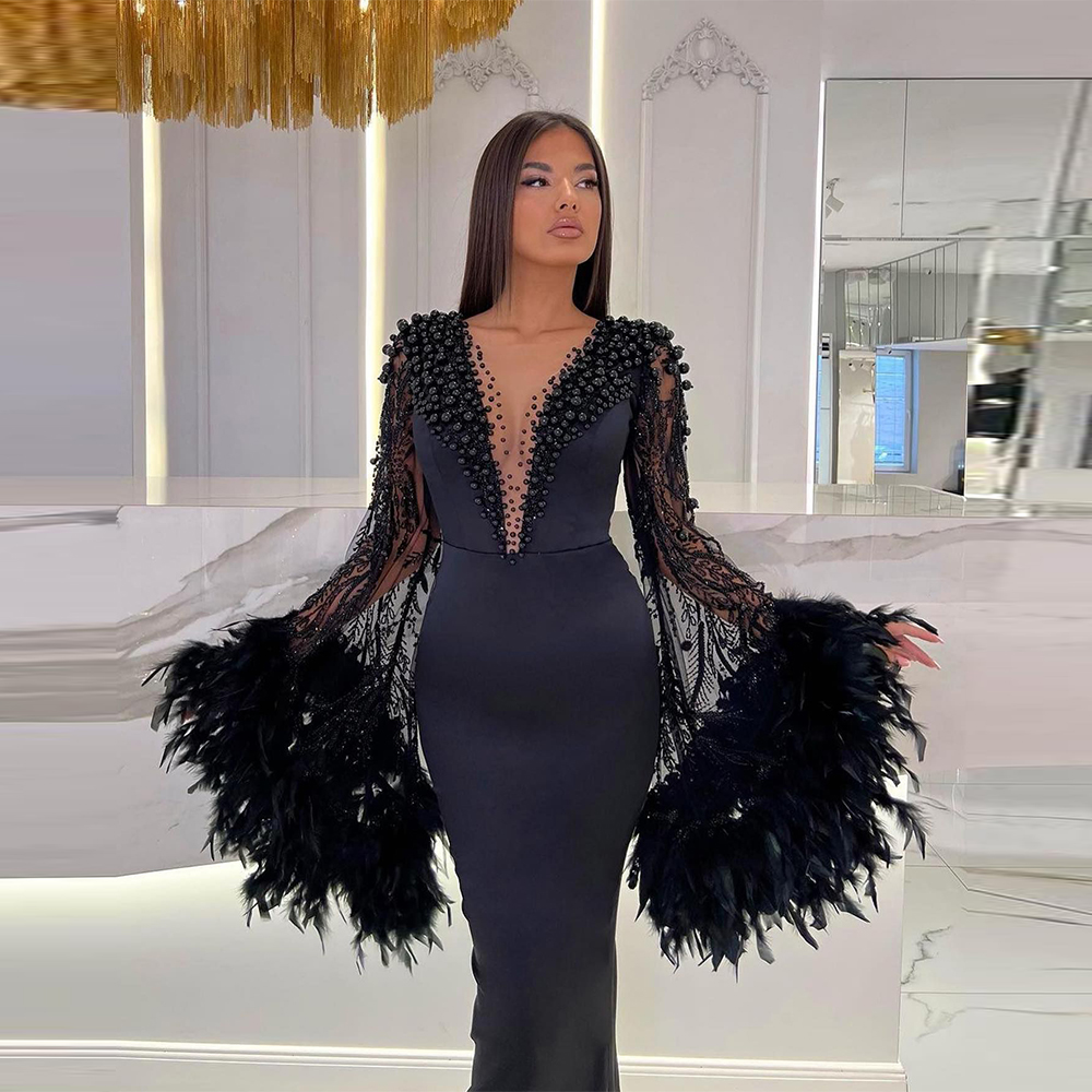 Mermaid Poet Ankle-Length Evening Dresses Feather Beaded Party Gowns Deep V-Neck Sexy Prom Dresses