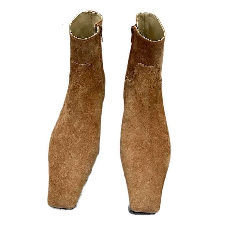 Korean Style Melard Side Zipper Suede Square Toe Slim Short Autumn Winter Fleece Lined Low Heel Martin Women Boots