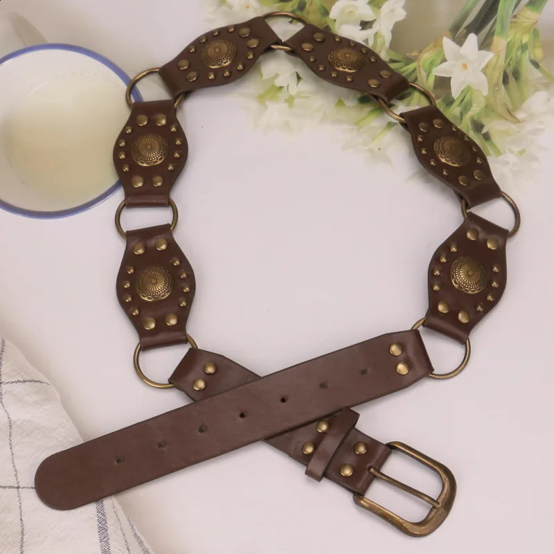 Ladies Punk Chain Belts Pin Buckle Adjustable Length Waist Accessories Retro bronze Stud Decoration For cowgirl cowboy on dress 250523