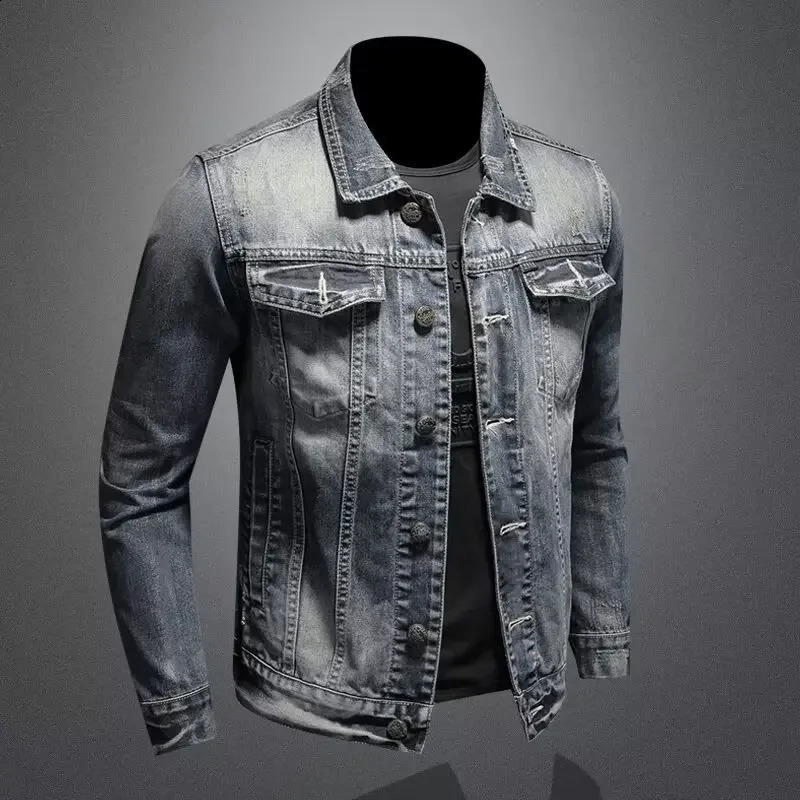 Mens Denim Jacket American Style Vintage Wash Distressed Casual Slim Fit Smooths Your Silhouette Long Sleeve Denim Blazer Trend 250521