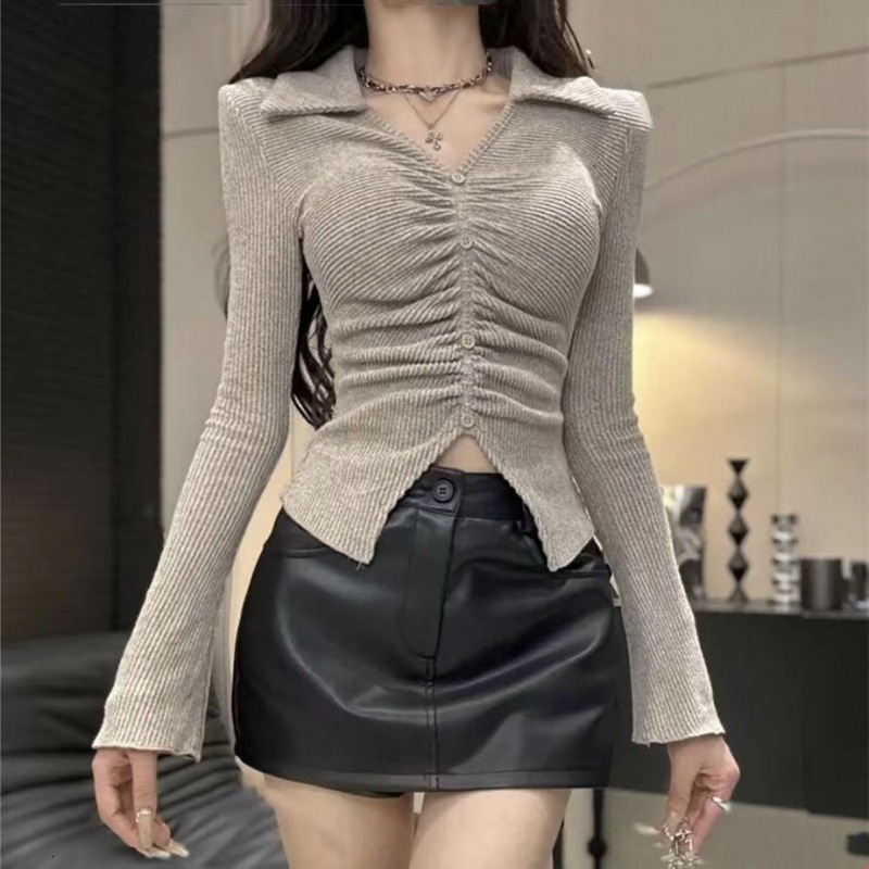 Designer Clothing Spicy Girl Slim Fit Women's Long Sleeved Knitted Shirt 2025 Solid Color Horse Designer Women's Top New Style