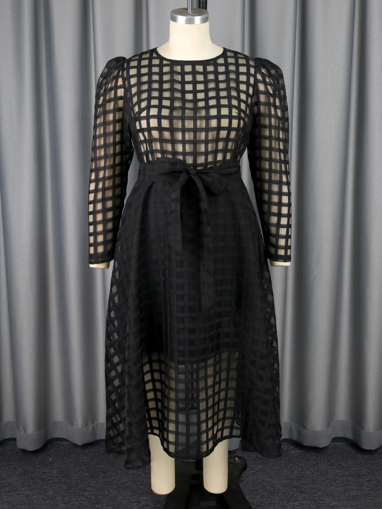 Plus Size Sexy Dress with Contrasting Mesh Round Neck and Bubble Sleeves Layered Black Casual Street Clothing Long Robe 250517