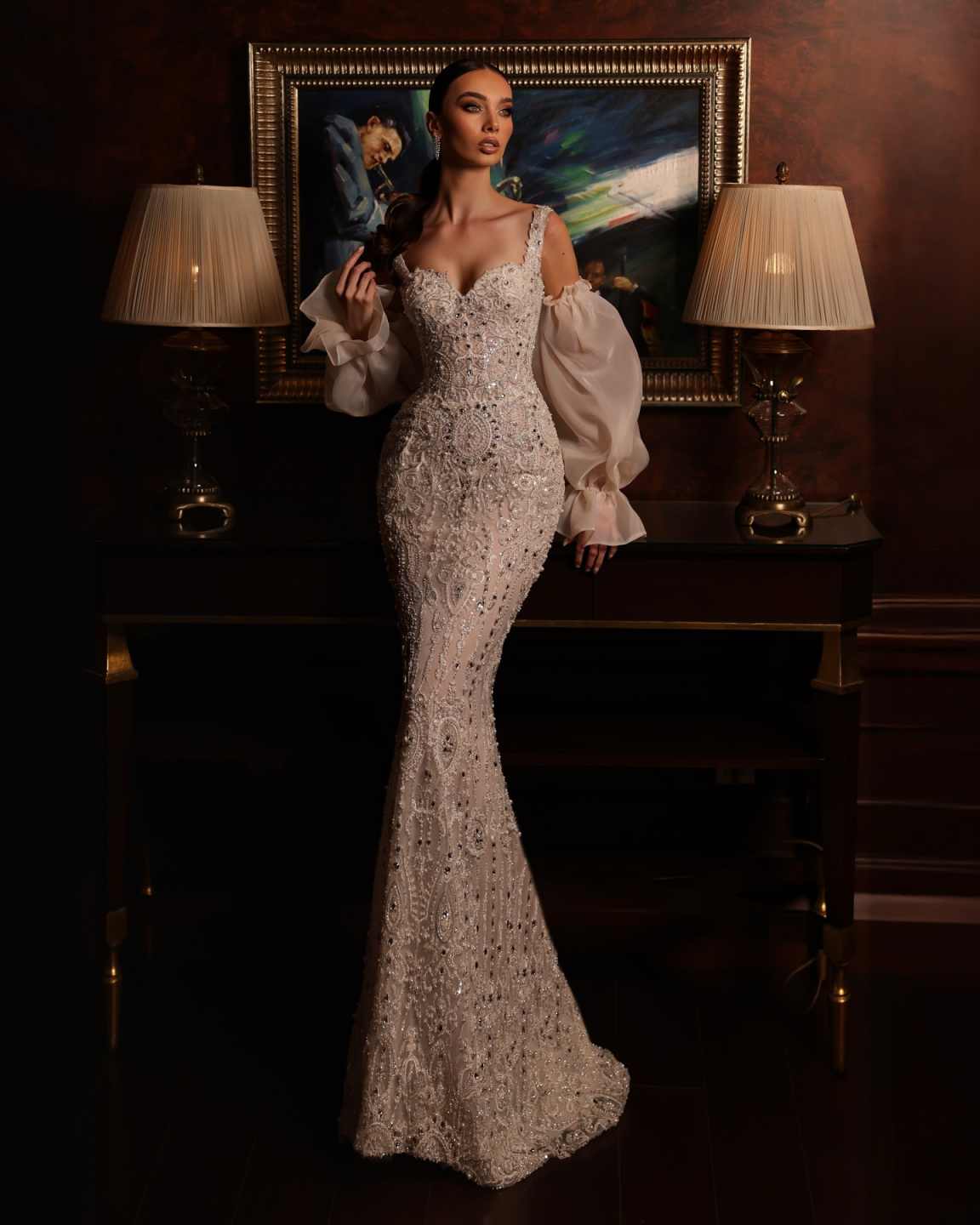 Gorgeous Mermaid Wedding Dress Sweetheart Neck Removable Sleeves Bridal Gowns Sequins Crystal Detachable Train Dresses Custom Made vestidos de novia