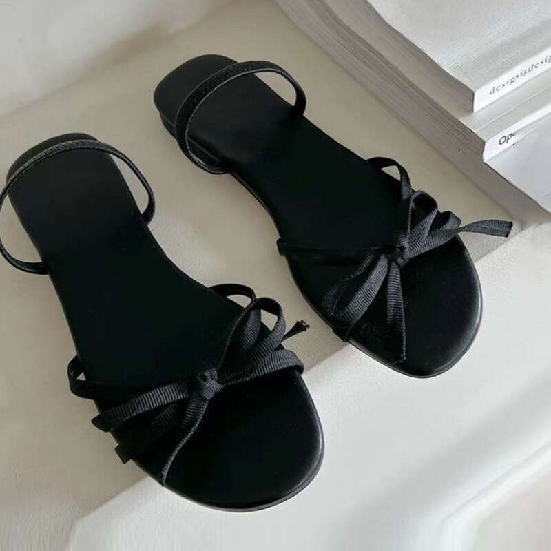 Korean Style Genuine Leather Simple One-Strap Bowknot Open-Toe Flat Sandals for Women Summer New Two-Way Wear Slippers