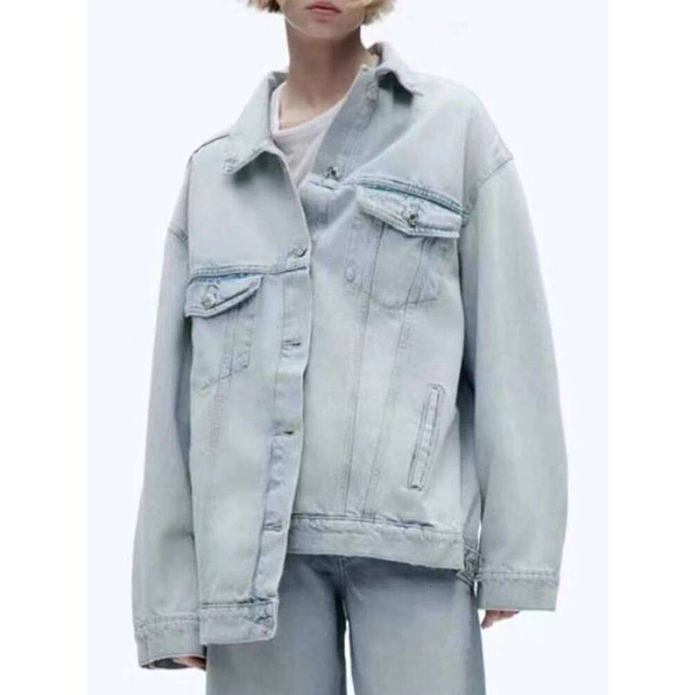 TRAF Women's Fashion Vintage Washed Single Breasted Long Sleeve Lapel Hundreds of Bottom Denim Shirt Jacket