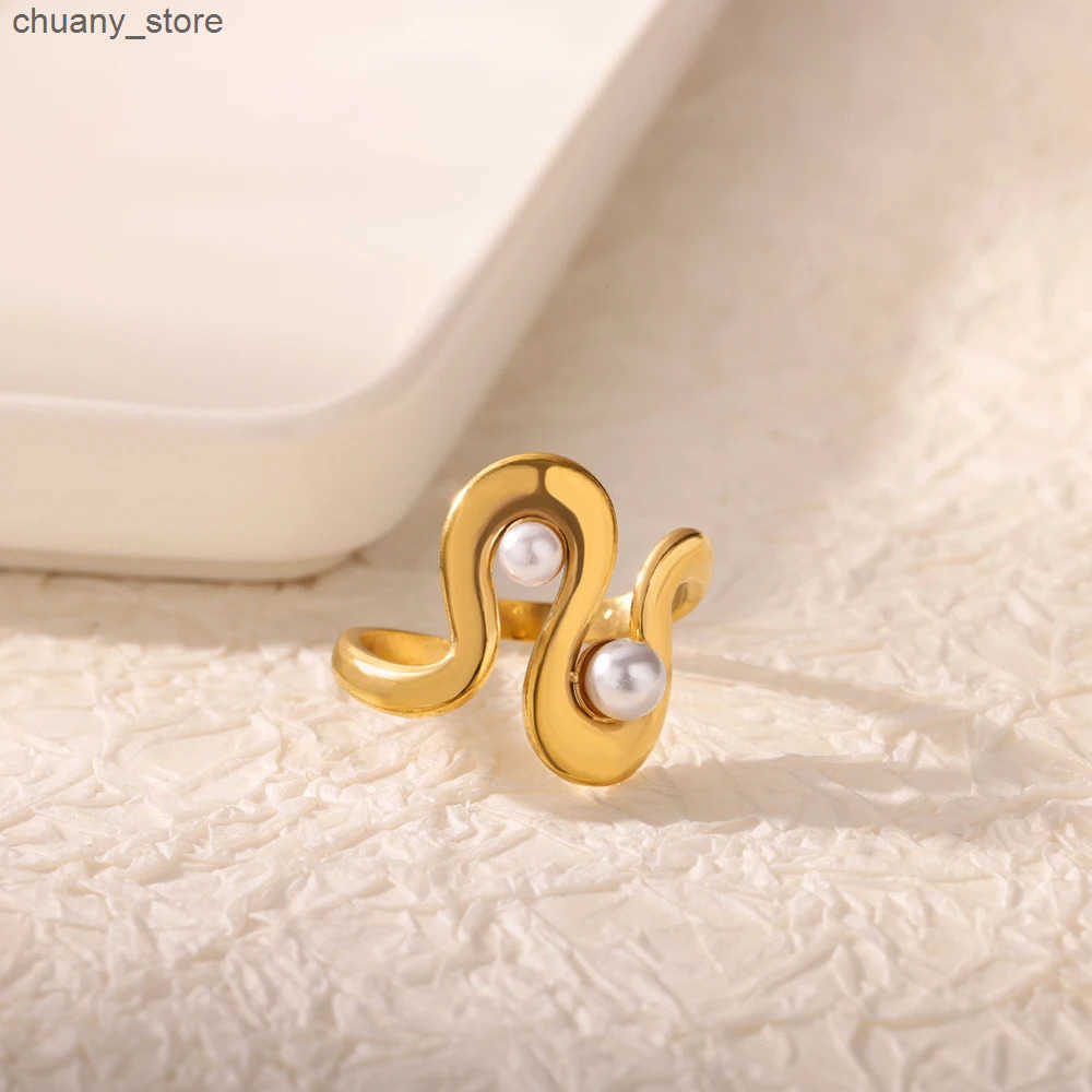 Zircon Pearl Creative Shape Design Stainless Steel Gold Plated Ring for Women Open Adjustable Charm Jewelry Accessory Trendy New z250529KGYF