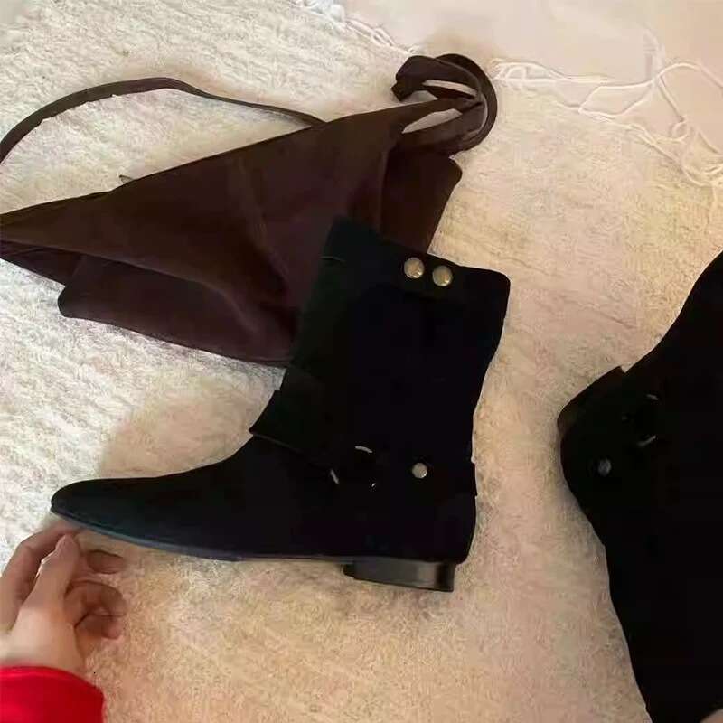 Korean Style Suede Niche Pointed Toe Buckle Flat Short for Women Autumn Winter Versatile Slim Western Cowboy Martin Boots