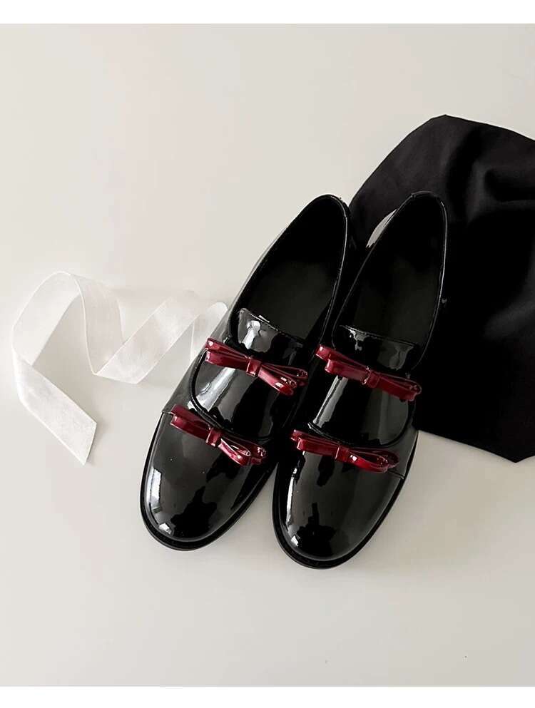 Genuine Leather Double Bowknot Women's Loafers 2025 Spring New Chunky Heel Round Toe Mary Jane Shoes