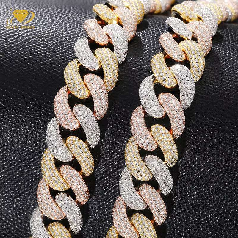 Fashion Jewelry Necklaces 10/12/16/20mm Three Rows Vvs Iced Out Diamond Moissanite Necklace Silver 925 Miami Cuban Link