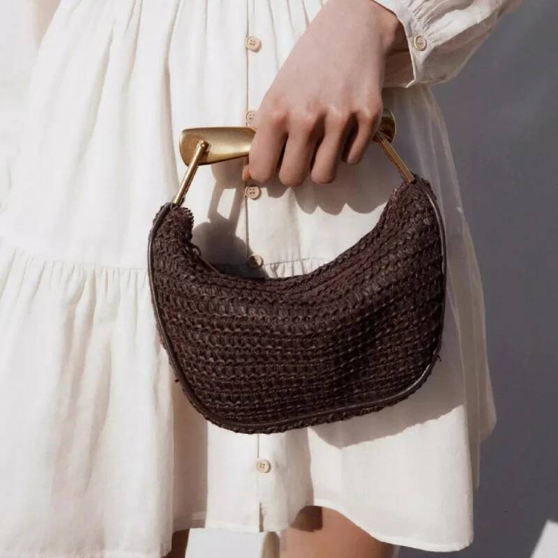 Summer Rattan Woven Crossbody Shoulder Bag,Half-Moon Beach Tote Bag,Women Designer Purse,Casual Metal Handle Straw Handbag
