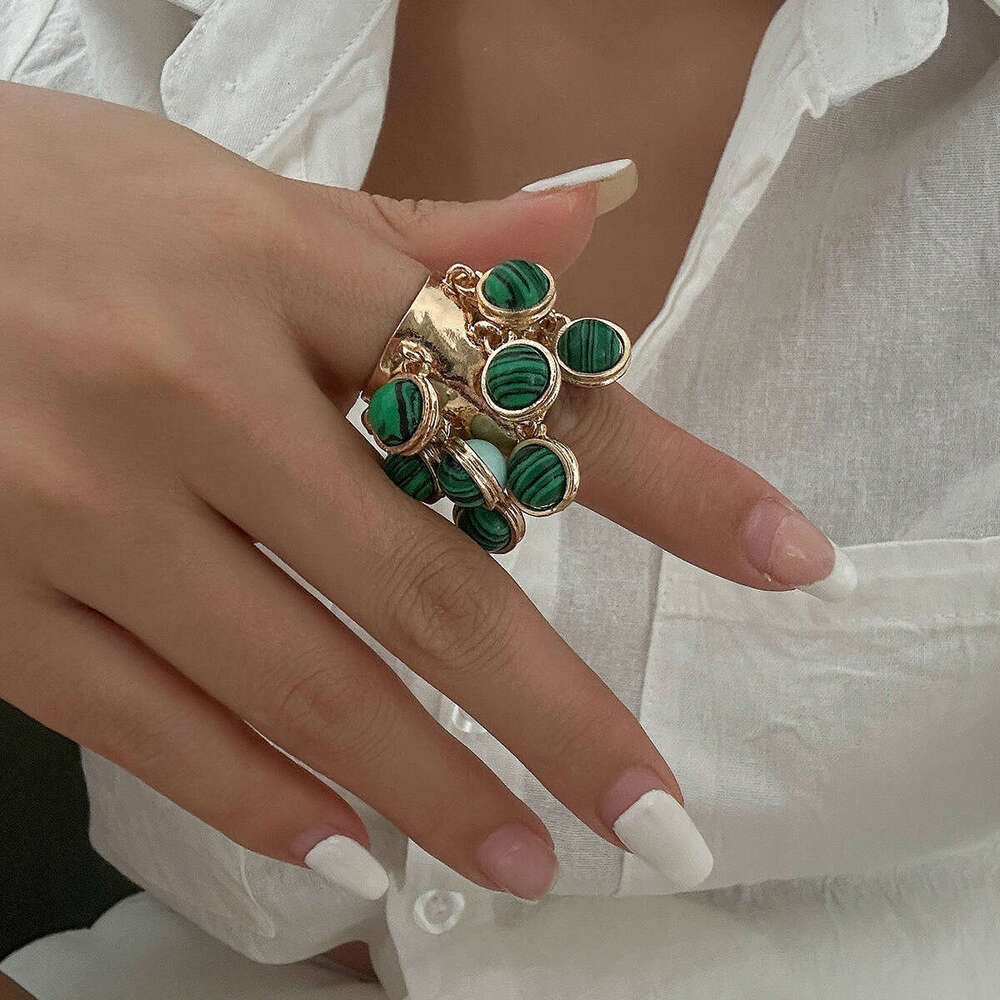 Jewelry Palace Inlaid Geometric Niche Malachite Round Alloy Open Ring