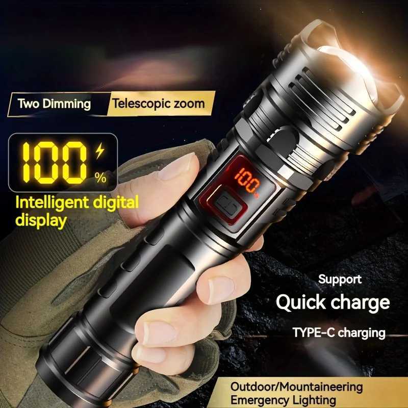 New Strong Light Digital Display Flashlight with Telescopic Focus Rechargeable Portable Long Range Outdoor Work Light LED Flashlight XJ250529