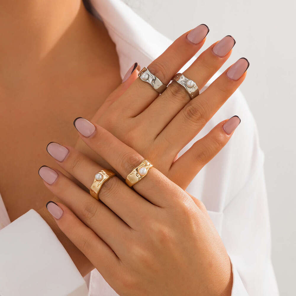 Jewelry INS Metallic Glossy Geometric Rings Irregular Inlaid Pearl Ring Set