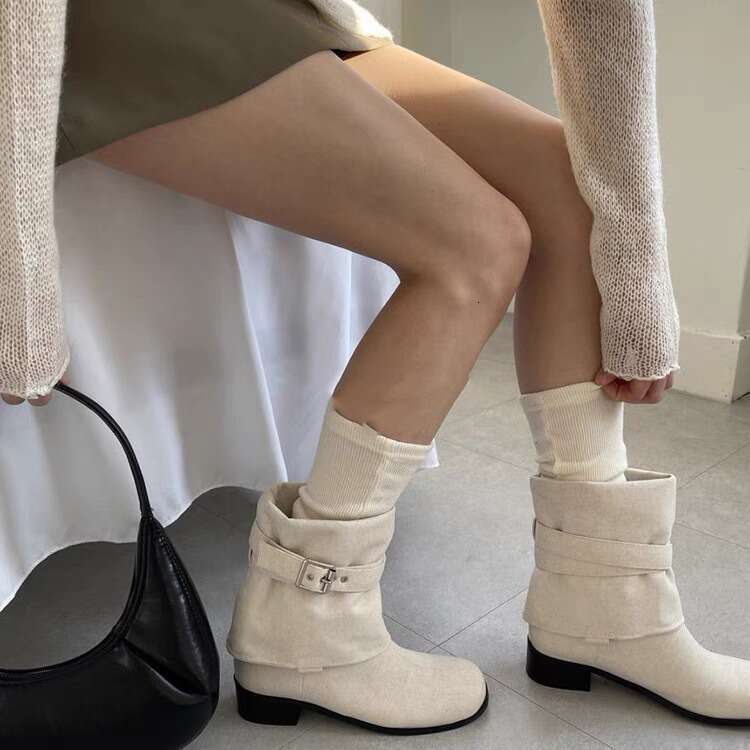 Korean Style Niche Design Turn-up Multiple Wear Fashion Fabric Surface Long Pants Tube Women 2024 Autumn Winter Short Boots