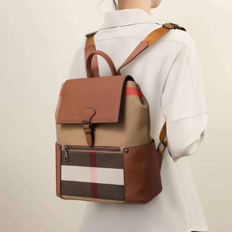 Genuine Leather Canvas Plaid Shoulder College Style Large Capacity Student Travel Lightweight Women's School Bag Backpack