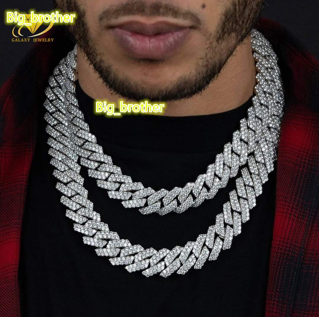 Hip Hop 2 Rows 20mm Cuban Link Chain 925 Solid Silver Gold Plated Iced Out Lab Moissanite Prong Cuban Necklace Bracelet