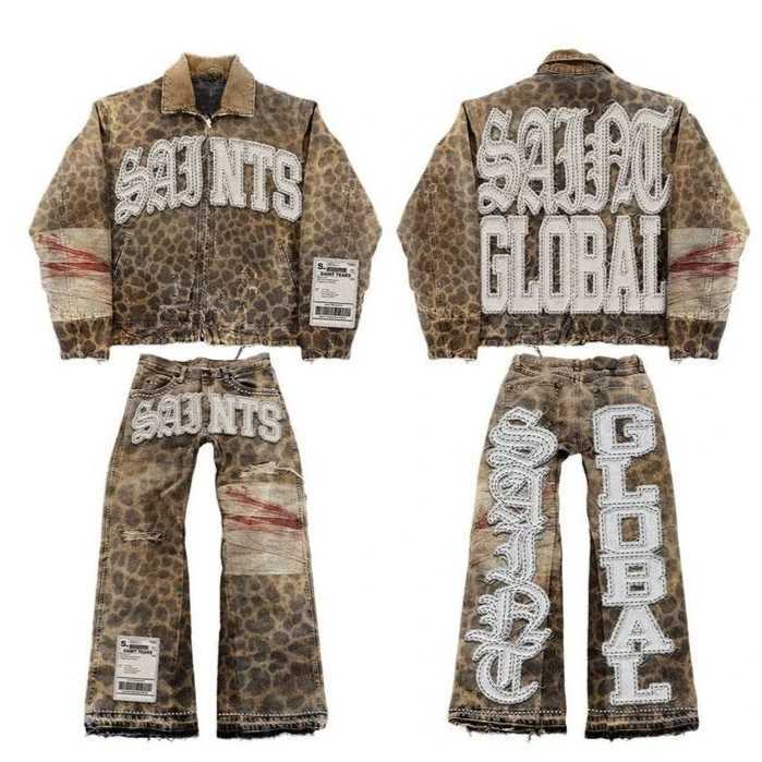 Vintage Leopard Camouflage Jeans Jacket Two Piece Y2K Suit Mens Womens Letters Patch Embroidery Oversized Coats Jeans ClothesZ250529