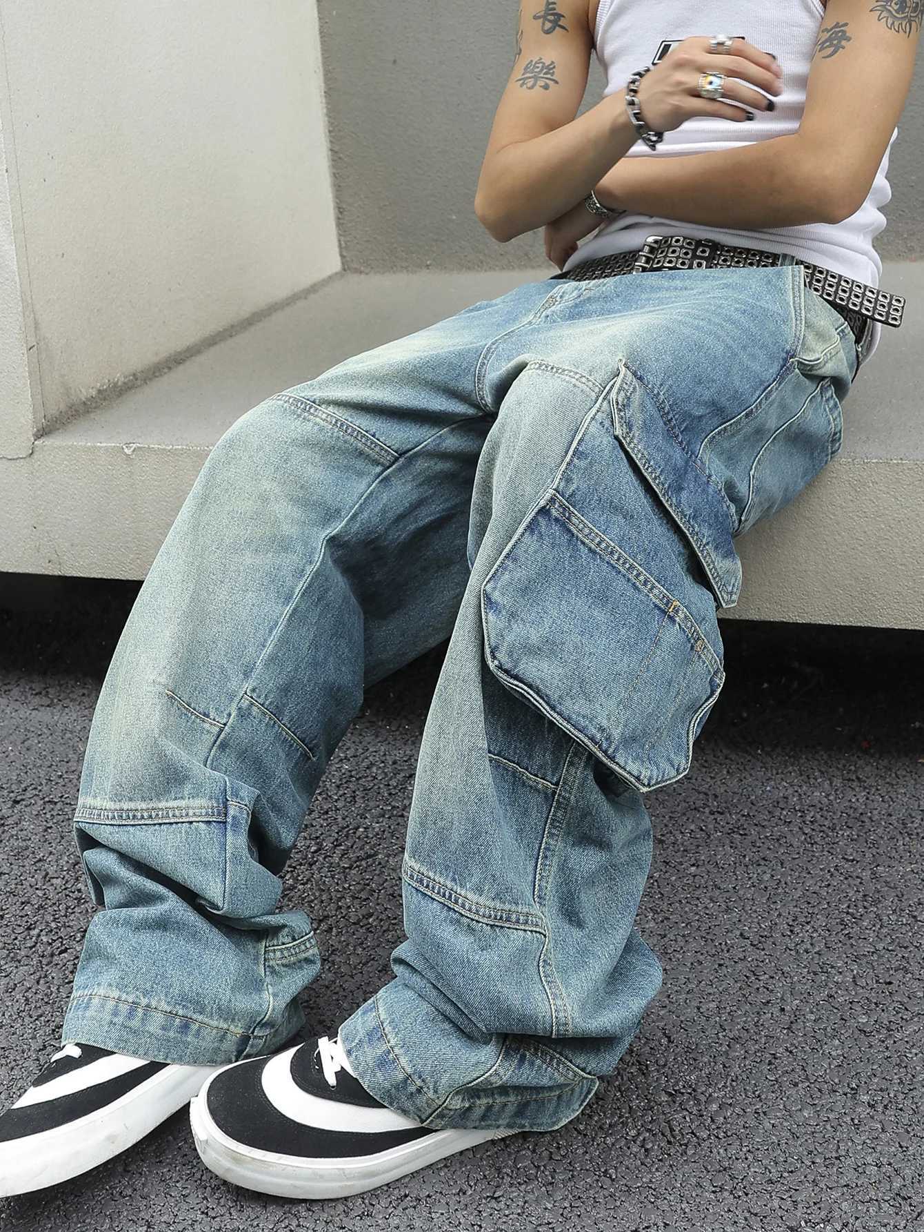 Mens Baggy Denim Cargo Pants Multi-Pocket Wide-Leg Jeans Vintage Washed Loose Fit Strtwear StyleC250528