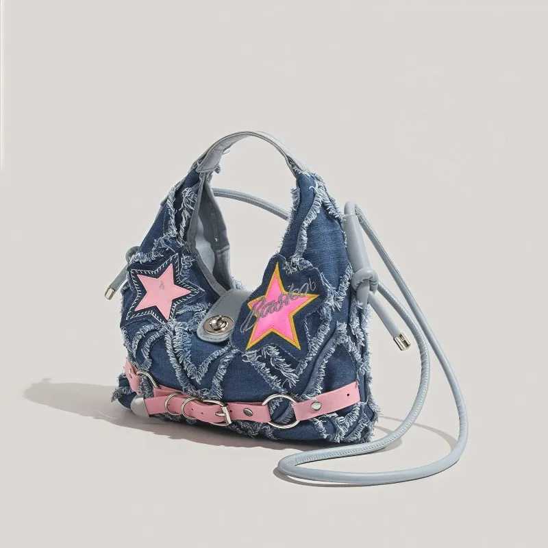 y2k Hot Girl style pink five-pointed star applied-designed fringed denim crossbody bag A-DH XJ250604