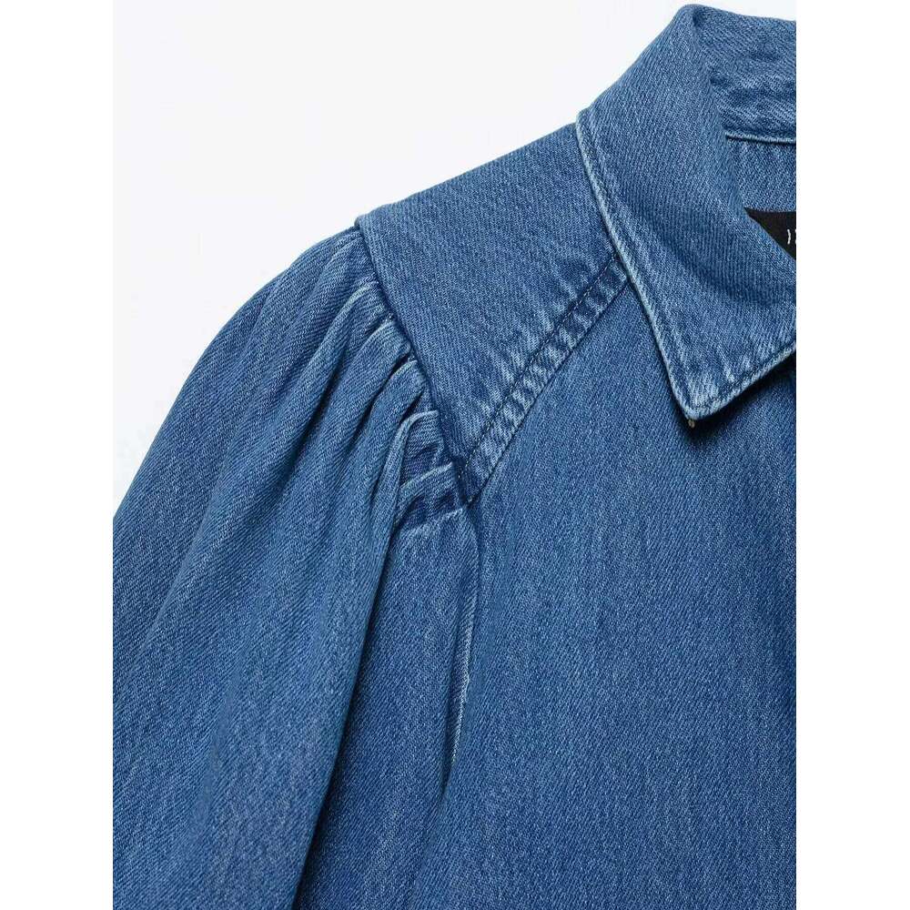 Zevity Women Fashion Turn Down Collar Breast Casual Denim Blouse Femme Pleated Half Sleeve Shirt Chic Chemise Blusas Tops LS9131