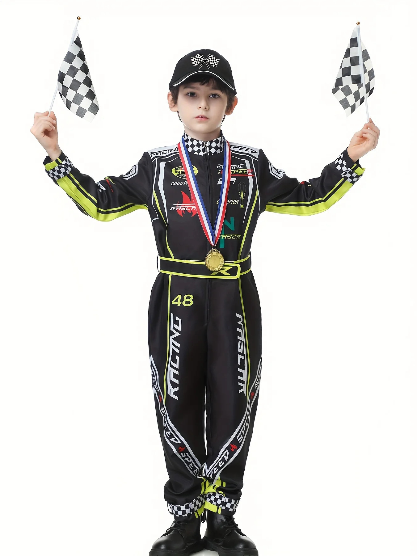 Racing driver costume boys racing jumpsuit 4pcs/set cosplay car hat childrens Halloween costume racing suit set 250528