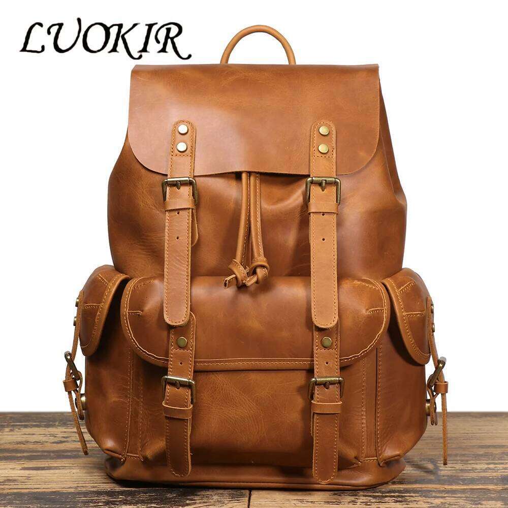 LUOKIR Vintage Genuine Leather Unisex Top Layer Cowhide Large Capacity Laptop Travel Backpack Paratrooper Bag