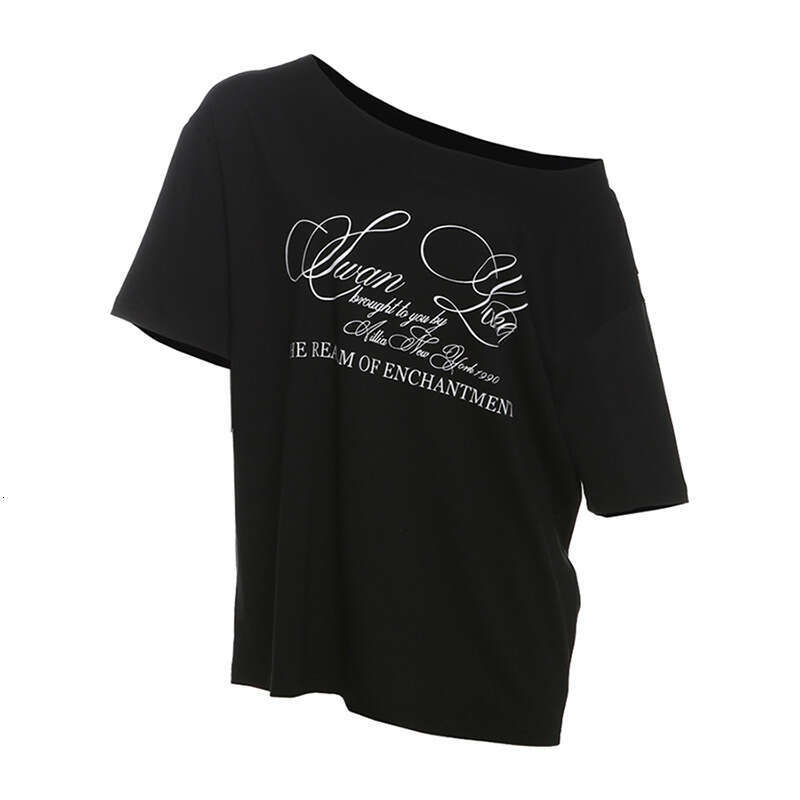 Summer New Women's American Street Fashion Letter Print Asymmetric Shoulder Loose T-Shirt Top B5