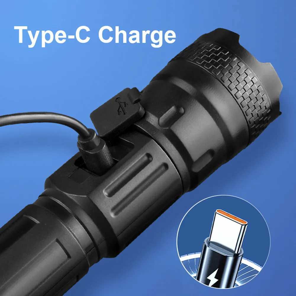 Powerful Long Range LED Flashlight Tactical Light Power Display USB Rechargeable Light Telescopic Zoom Torch Camping Lantern XJ250529