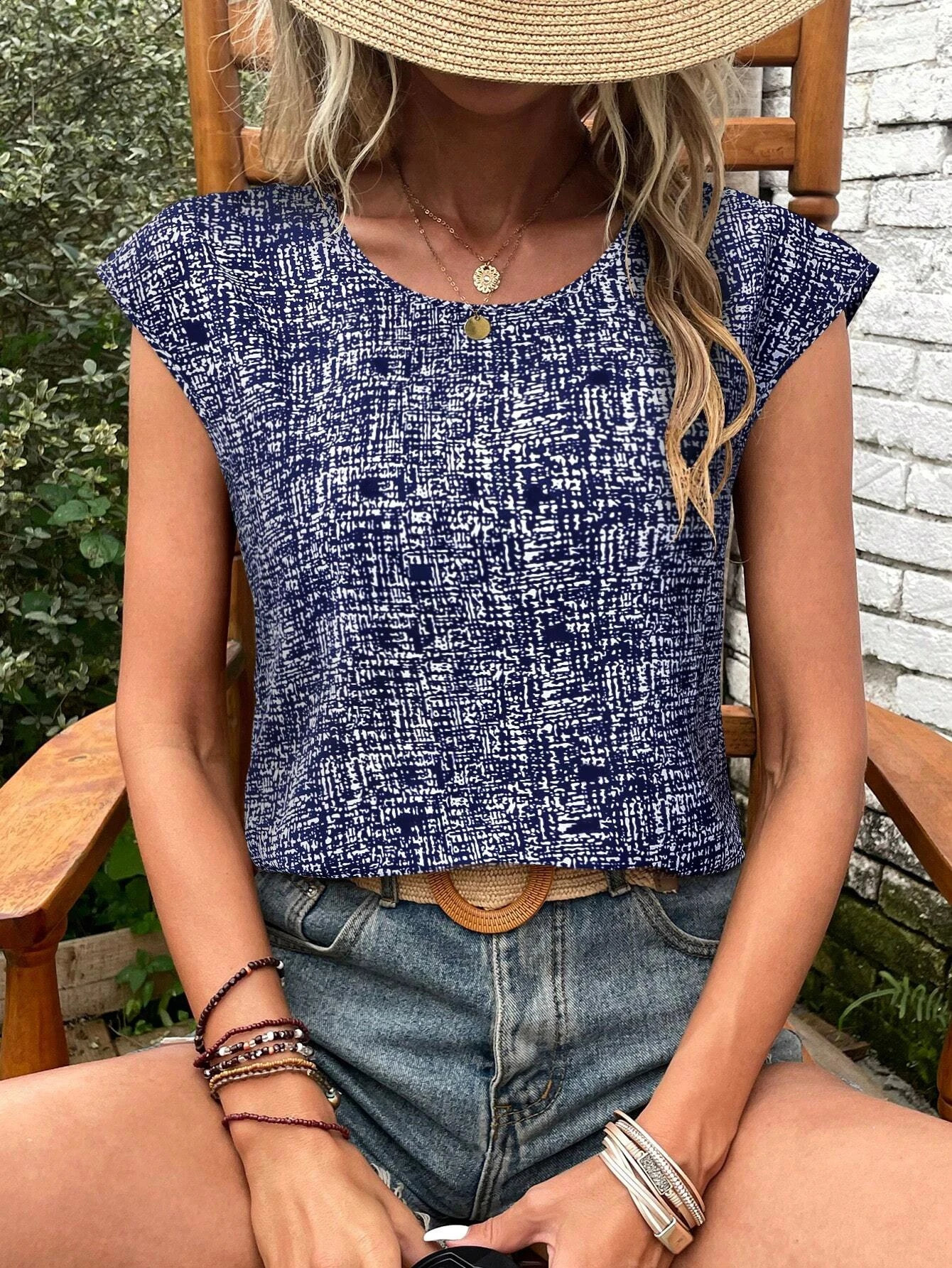 European and American womens elegant and fashionable versatile casual round neck printed short sleeved shirt 250529Z