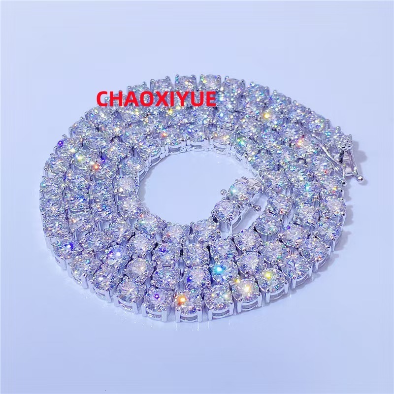 VVS Morsonite S925 Pure Silver Plated Real Platinum 3mm-5mm Single Row Tennis Chain Moissanite Hip Hop Necklaces