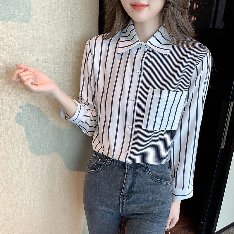 Korean Loose Casual Womens Shirt Blouses Sweet Striped Sweet For Women Top Patchwork Pocket Shirt Summer In Clothes 250529Z
